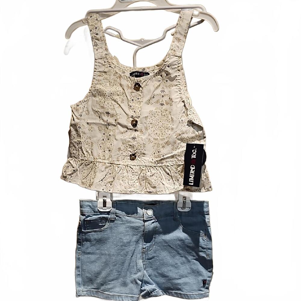 Limited Too Beige Floral Top and Blue Shorts Set